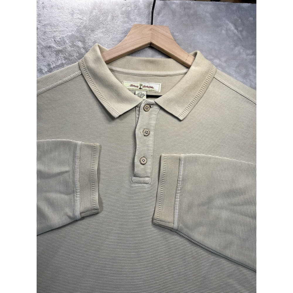 Tommy Bahama Shirt Mens XXL Beige Silk Cotton Blend Polo Long Sleeves